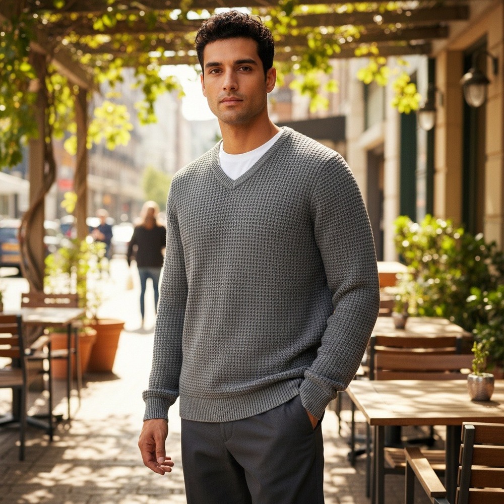 Paper Label Mens Grey 100% Cotton Textured Waffle‎ Knit V-Neck Sweater Size L